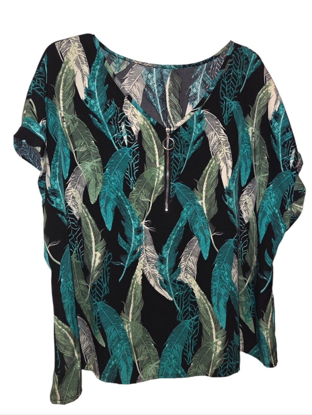 Feather Print Green Jewel Tones Plus Size Blouse